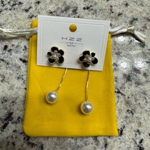 Cultured Freshwater Pearl and Black Flower Chain Earrings in Sterling Silver